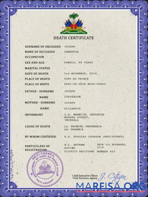 Blank Haiti death certificate PSD template
